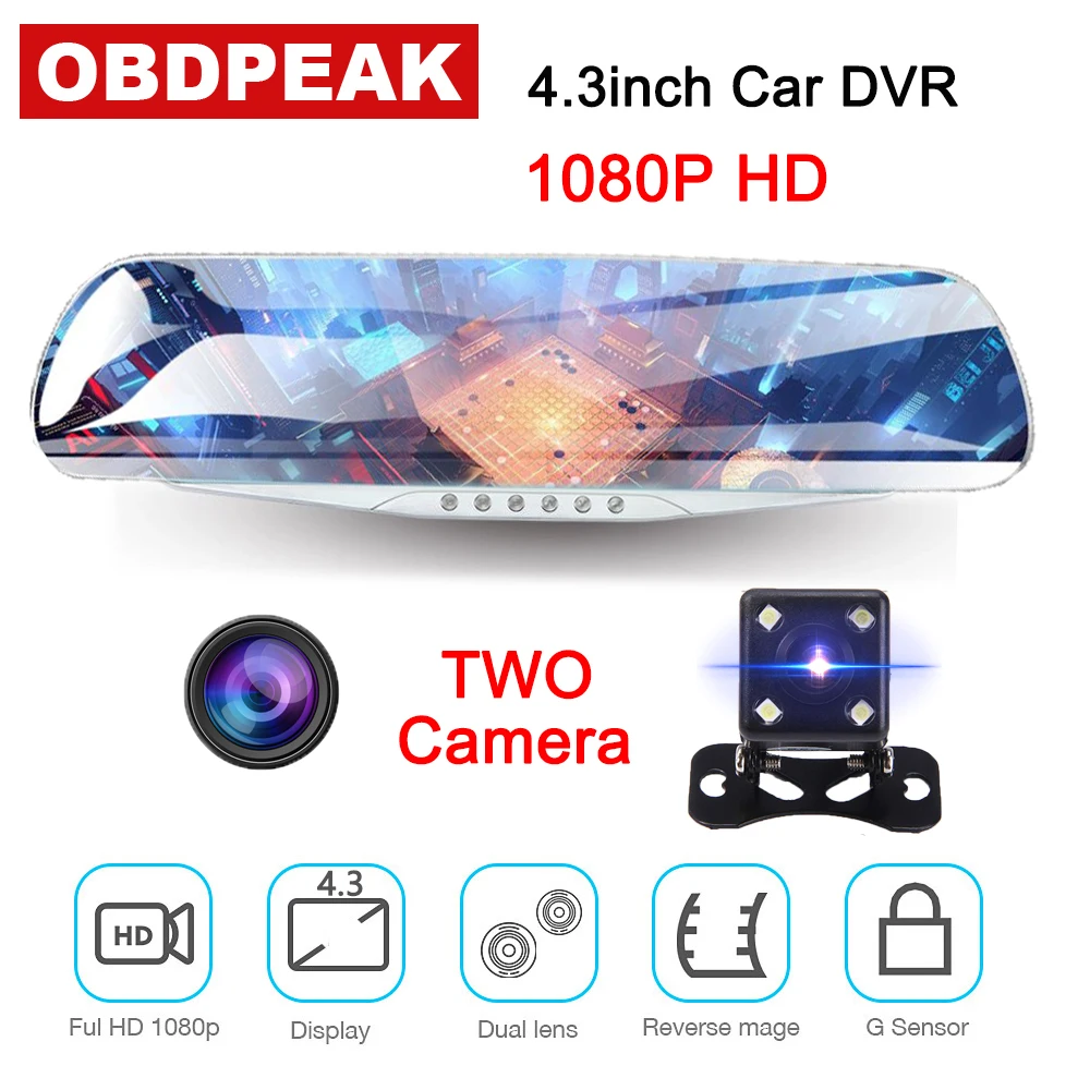 4 3 дюймовый видеорегистратор Dashcam Full HD 1080P 170 градусов с двумя объективами g