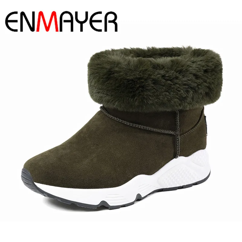 

ENMAYER Winter New Fashion Boots Slip On Round toe Flat Heel Boots 3Color Black Grey Green Platform Shoes Ankle Boots For Women