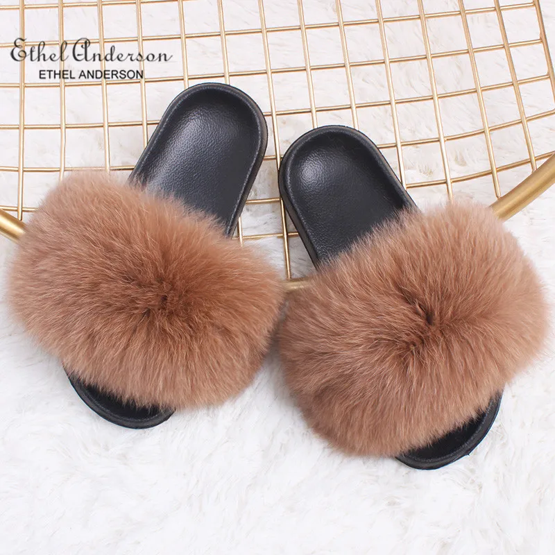 

Lady Real Fox Fur Slippers Slides Summer Attractive Flip Flops Fluffy Raccoon Fur Sandals Flat Shoes Wholesale
