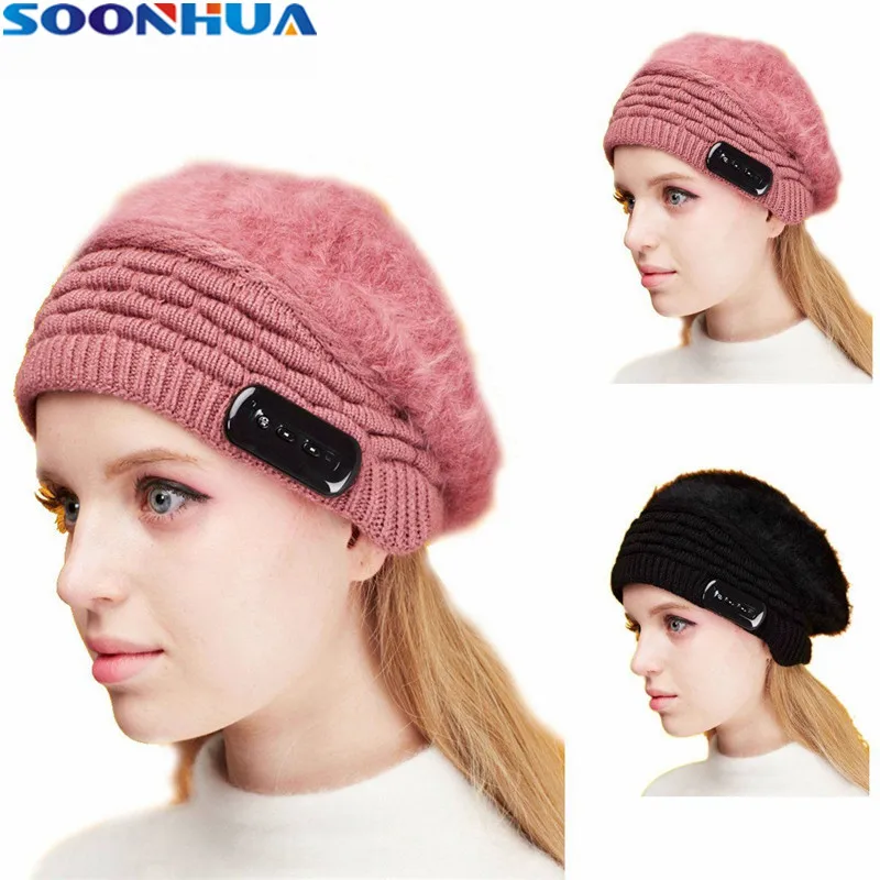 

SOONHUA Rabbit Fur Caps Wireless Bluetooth Earphone Smart Headset Headphone Winter Warm Outdoor Sport Stereo Elastic Music Hat