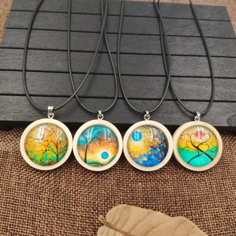 

2019 New Wood Wooden Necklace Pendant Rope Time Gem Scenery Oil Painting Tree Sunrise Party Gift Birthday Present AA109-120