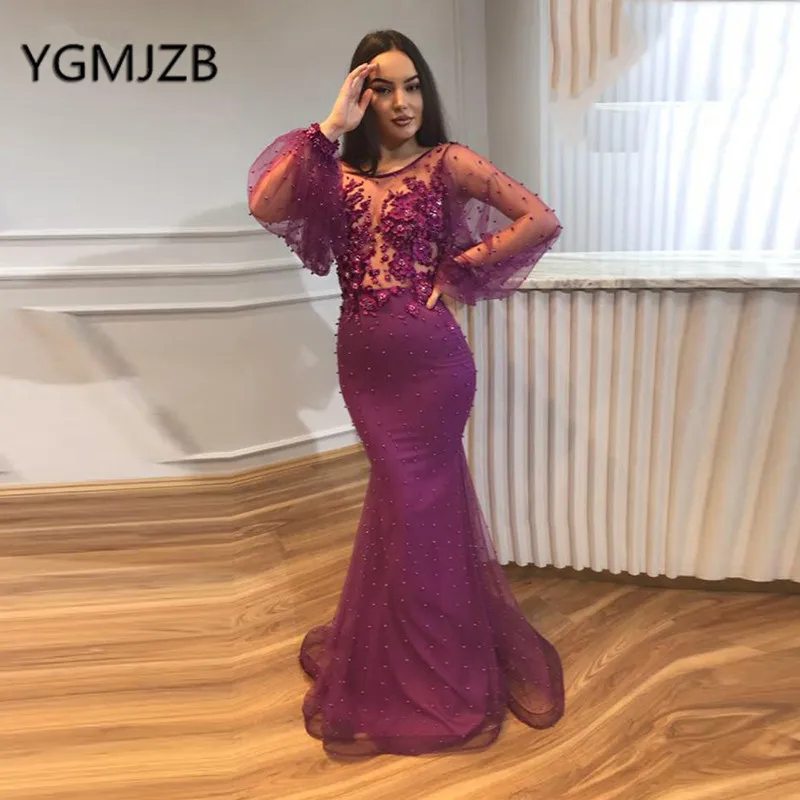 

Long Evening Dresses 2019 Mermaid Illusion Long Sleeves 3D Flowers Beaded Pearls Lace African Women Formal Party Dress Prom Gown