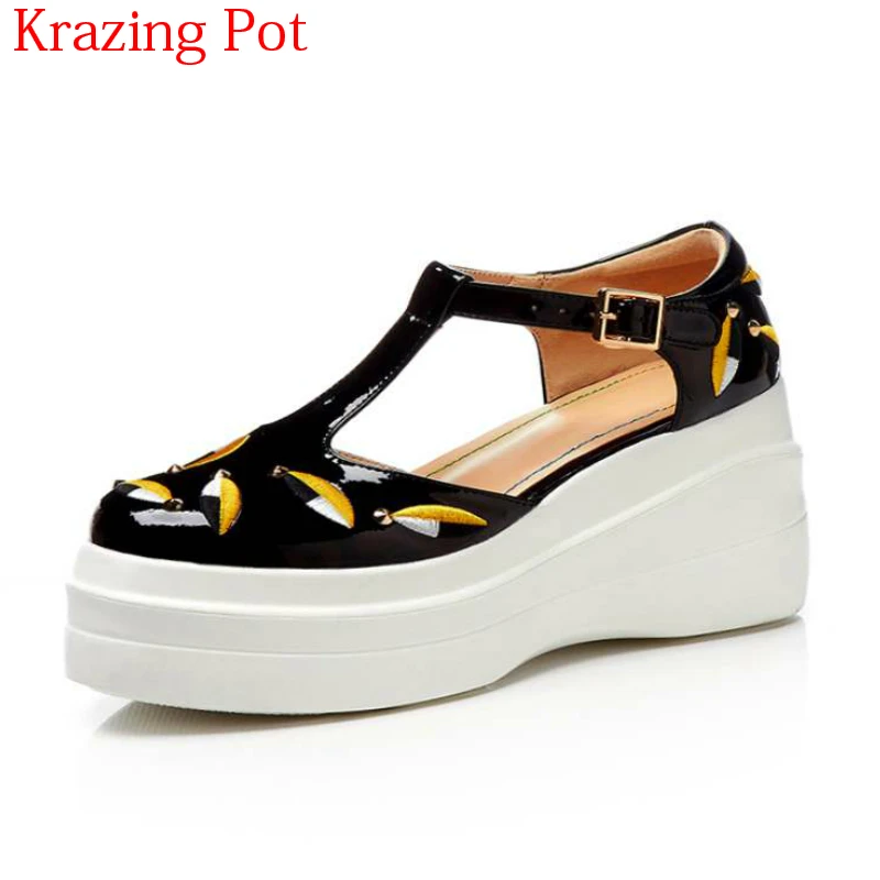 

Superstar Cow Leather T-strap Embroider Round Toe Thick Bottom Women Pumps Elegant Office Lady Party High Heels Summer Shoes L89