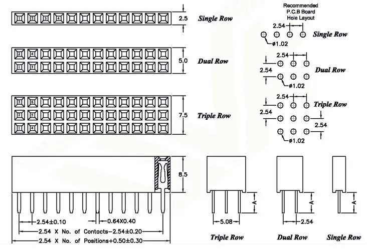 Pin Header 2.54 Female Drawing