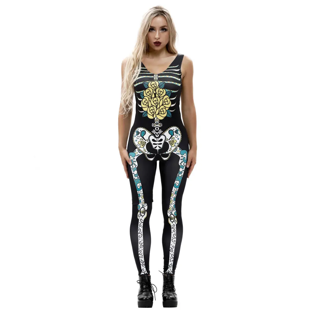 Sexy Women Bodysuit Black Skeleton Printed Jumpsuits One Piece