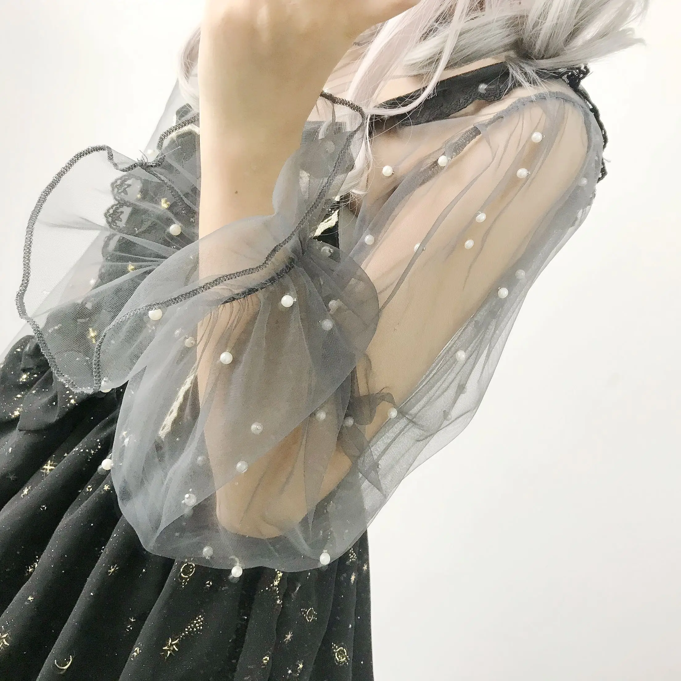 Милая женская шифоновая рубашка в стиле Лолиты с отделкой бисером и пышными рукавами, блузки, милые цвета, серый/бежевый, феи Kei