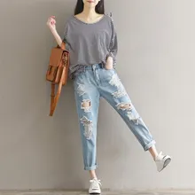 Новинка лета, женские свободные джинсы с высокой талией, плюс размер, повседневные джинсы с карманами и дырками, джинсы длиной до щиколотки