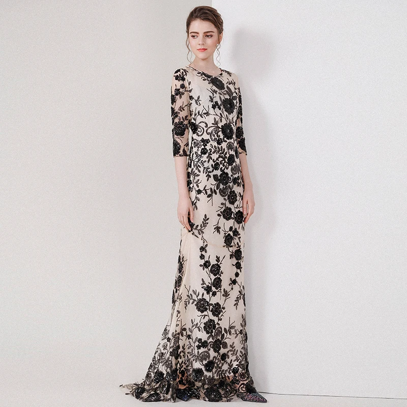 Nouveau Femmes Vintage Longue Mesh Qualité Haute Trois Trompette Printemps Manches Brodé D'été Quarts Et Noir sirène Robe Paillettes IrzgrEwxq