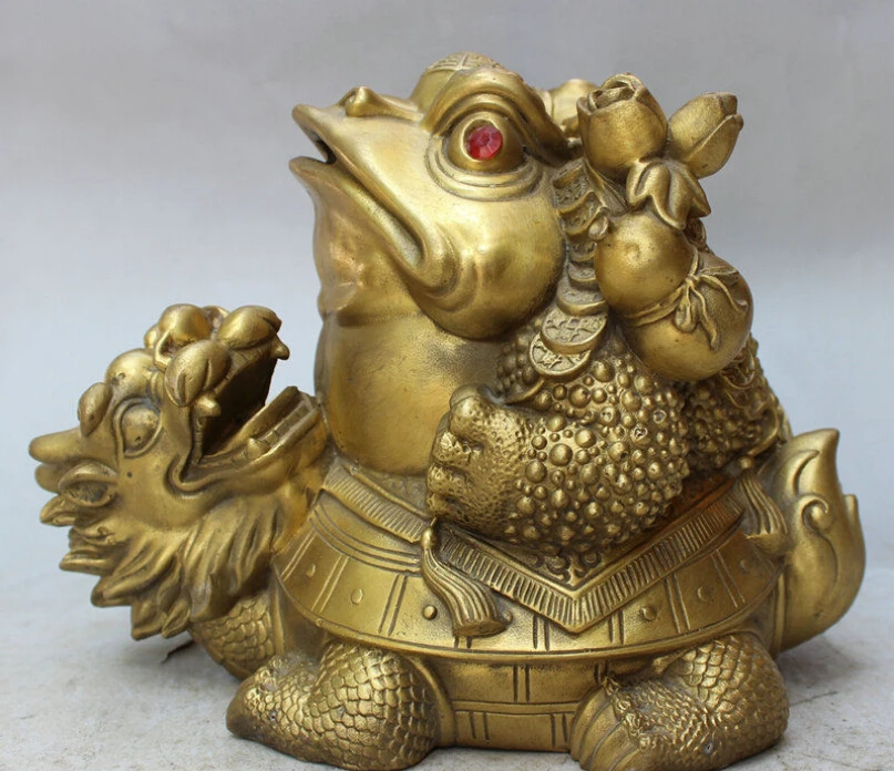 

10" Chinese Brass FengShui Money Toad Hoptoad On Longevity Dragon Turtle Statue