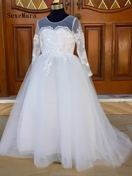 

Real Picture Vintage Flower Girl Dresses for Wedding With Long Sleeves Buttons Appliques Sheer Neck Holy First Communion Dress