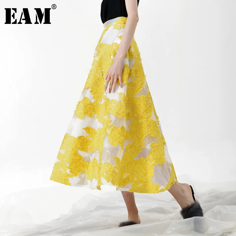 [EAM] 2018 New Summer Fashion Tide Yellow Patchwork Flower Embroidery Zippers Simple All-match Thin Woman Skirt S618