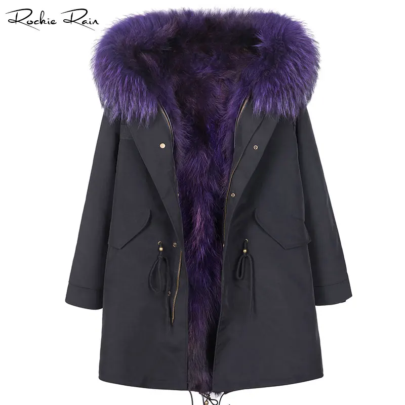 

New Lady's Fall Winter Warm Overcoat Women Real Fur Parka Coat Raccoon Fur Lined Jacket