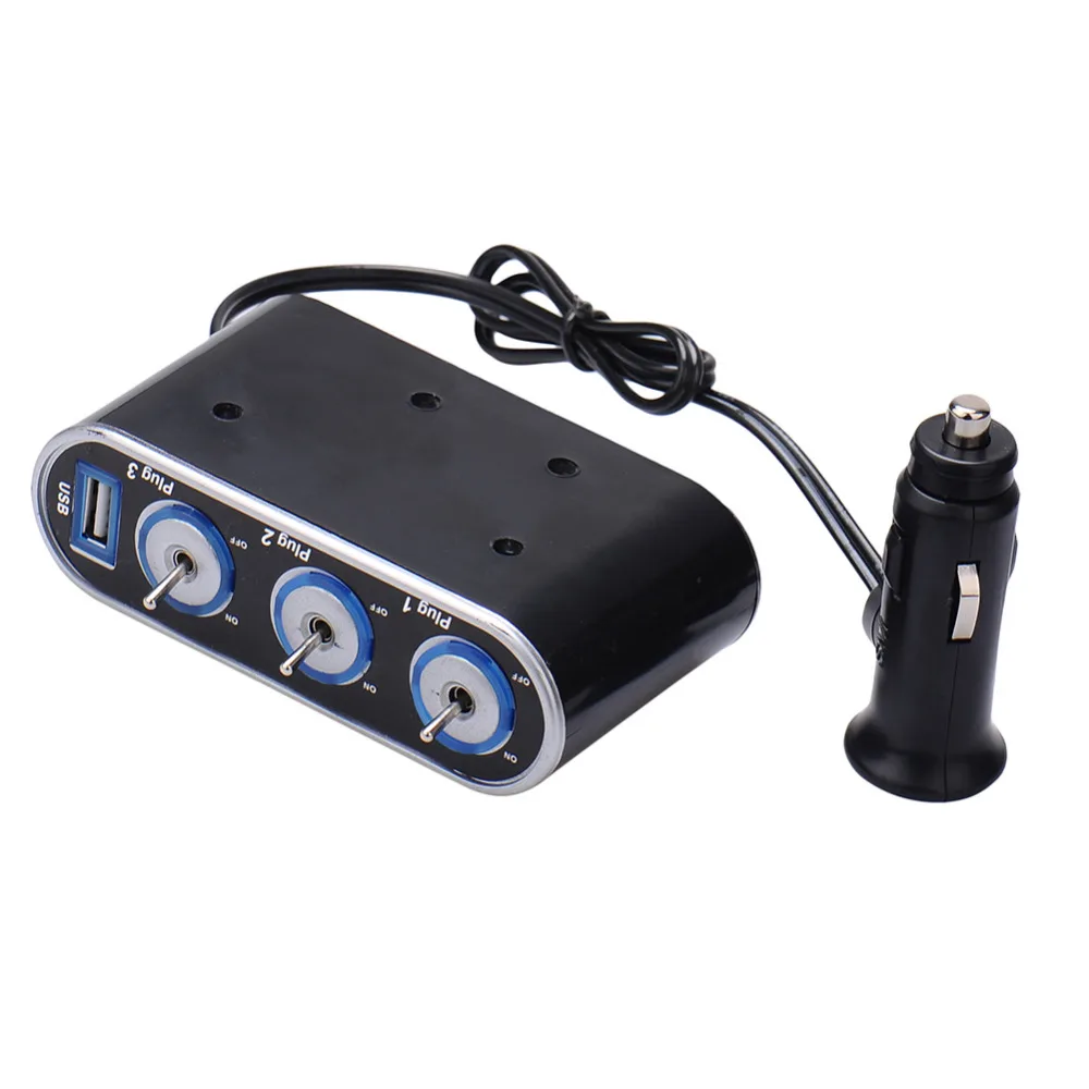 Car Cigarette Lighter 3 Way Splitter Adapter DC12V USB Port With Led
