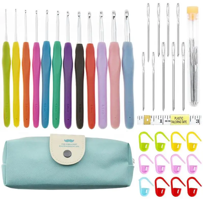 1 Set Handle Crochet Hook Needles Bag Knit Craft Kit Sewing Tool Case Sewing Knitting Needles Metal Crochet Sweater Needle Set - Цвет: 1set K