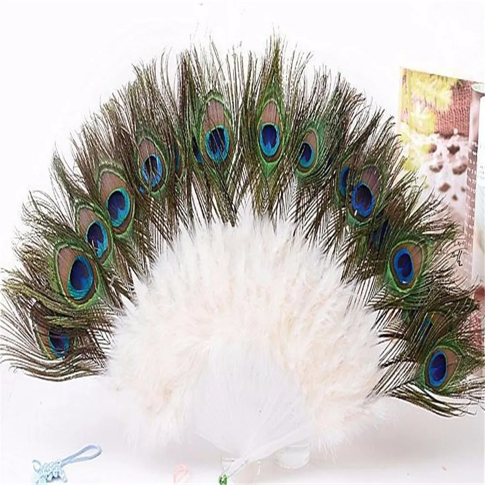 

1pcs/lot wedding room home decoration bride handmade gorgeous white peacock tail feather fan for dancing Events party Supplies