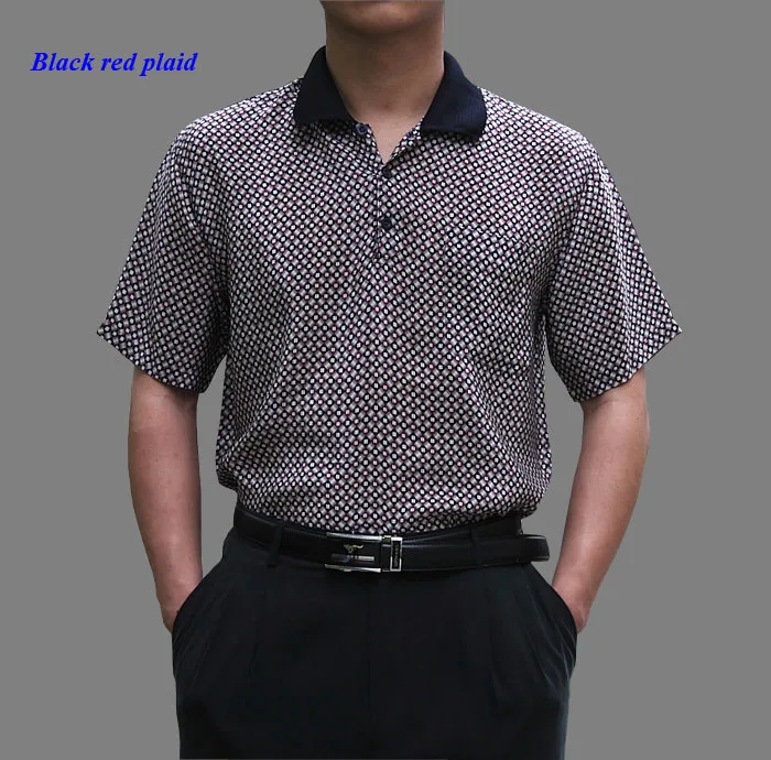 Натуральный шелк мужская футболка, чистый шелк крепдешин с коротким рукавом Футболка мужская, шелк Мужская футболка, шелковые мужские топы - Цвет: Black red plaid