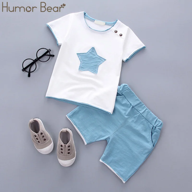 Sky Blue Humor Bear/Летняя одежда для маленьких мальчиков хлопковая футболка с короткими рукавами и рисунком пятиконечной звезды+ шорты Детский комплект одежды из 2 предметов - Цвет: Sky Blue