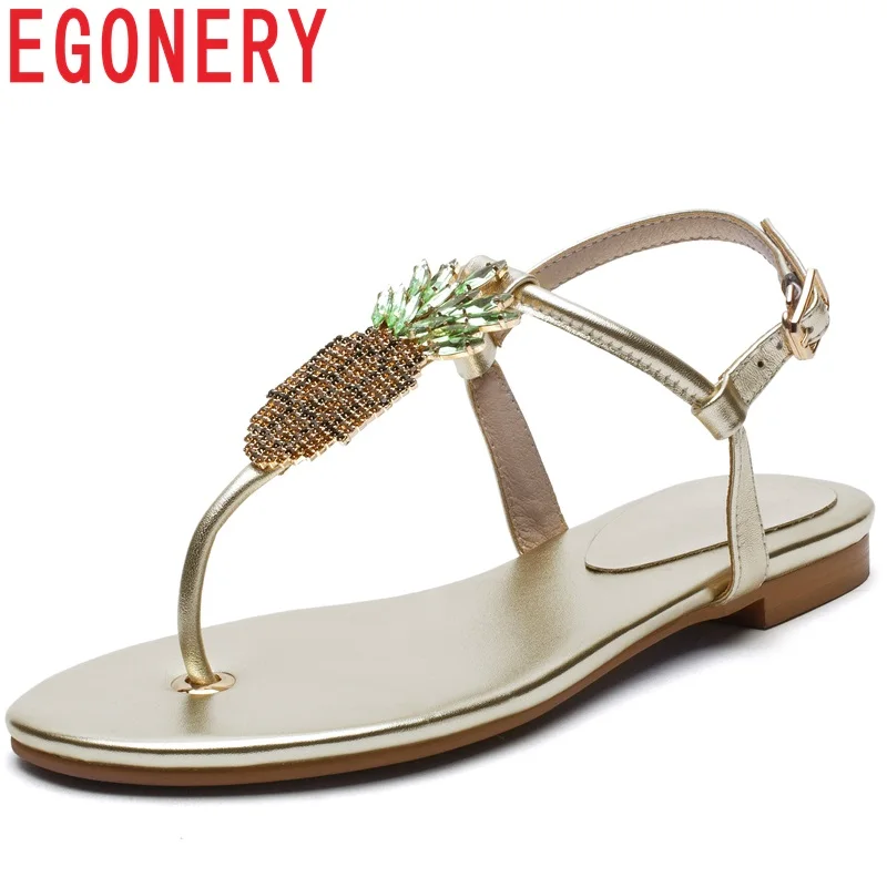 

EGONERY Crystal pineapple Genuine Leather T-Strap women sandals summer beach Buckle Strap flat shoes cut irl gold black shoes