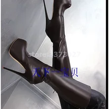 Коричневые кожаные женские высокие сапоги женские вечерние модельные туфли на тонком каблуке модные сапоги до колена на платформе и каблуке в сдержанном стиле