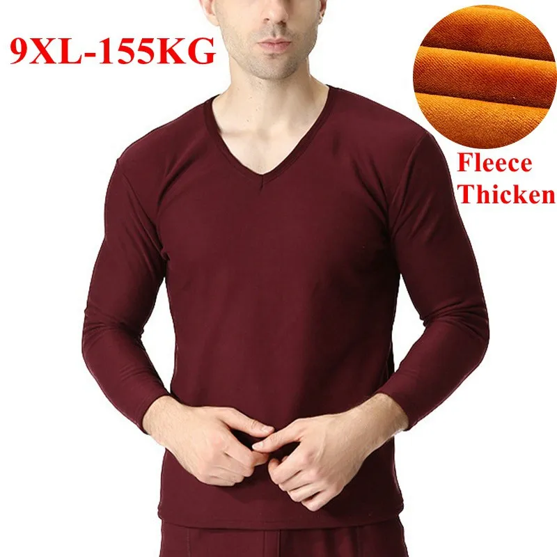 

Fleece Thicken Men Thermal Underwear Tops Winter V Neck Long Sleeve Large Size 9XL Cotton Navy Blue Wine Red Male Soft Underwear