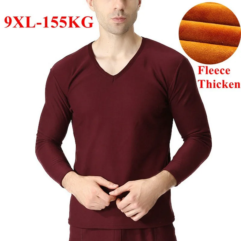 Large Size 9XL 155KG Fleece Thicken Men Thermal Underwear Tops Winter V Neck Long Sleeve Navy Blue Wine Red Male Soft Underwear