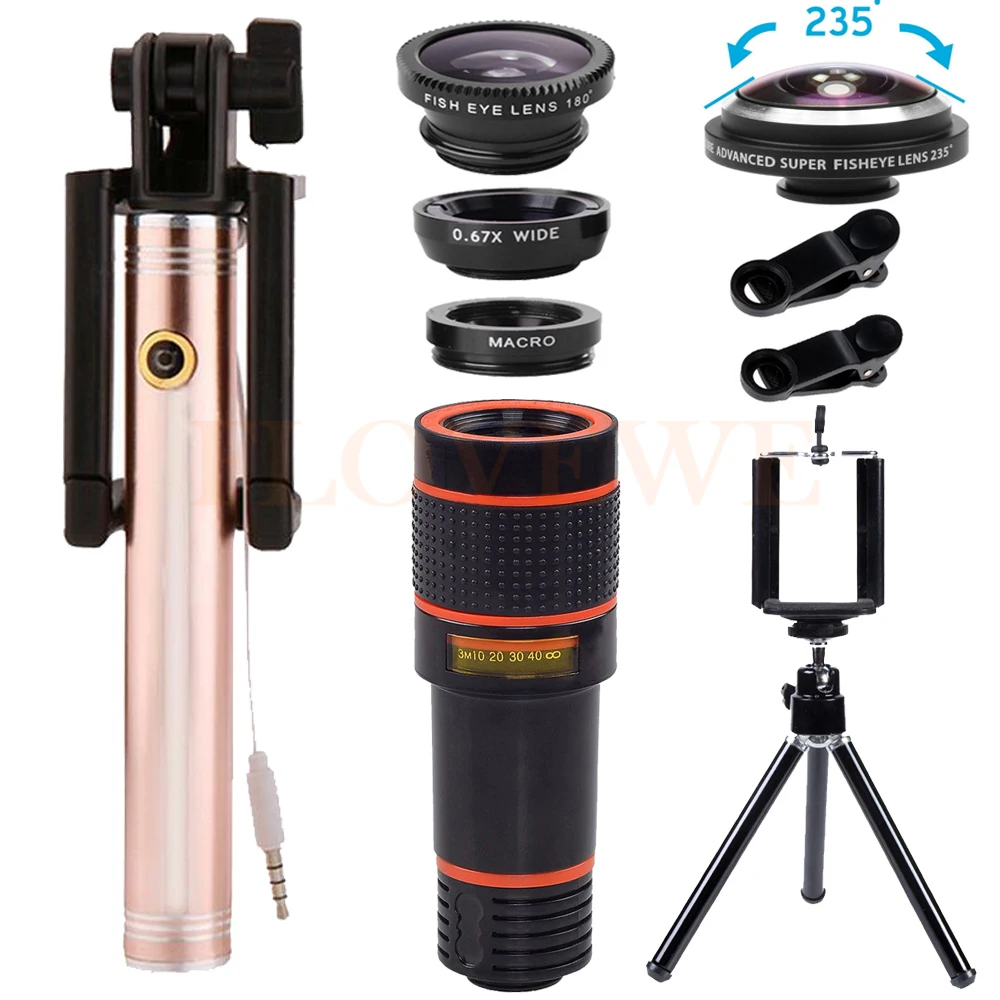 12X Telephoto Zoom Lenses Wide Angle Macro 235 degrees Fisheye Lentes For iPhone 7 6 s Smartphone Universal Telescopic lens Kit | Мобильные