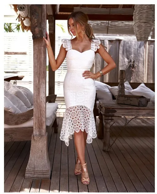 

White High Waist Party Club Dress Women Sexy Off Shouder Lace Long Dresses Woman V Neck Hollow Out Slim Dress for Women
