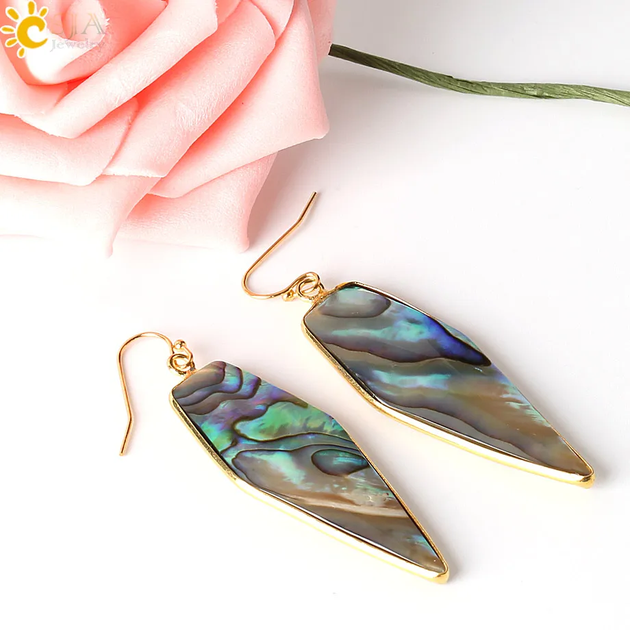 

CSJA 1 Pair Retail Wholesale Graceful Plated Gold Hook Dangle Earrings Arrow Shape Glossy Natural Abalone Shell Jewellery E247