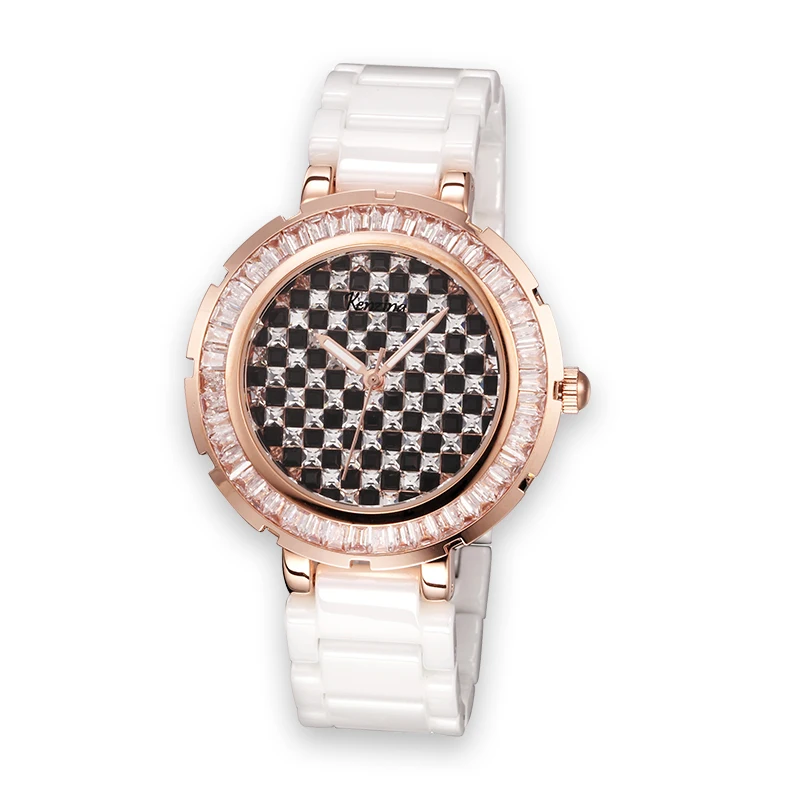 Full Crystal Lady Women's Ceramic Watch Japan Quartz Checkerboard