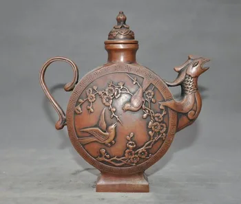 

christmas 7" China bronze Plum blossom Magpie bird head statue Tea Pot Flagon Tanks Crock halloween