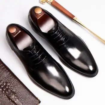 

Luxury Brand Man Cap Top Wedding Shoes Male Genuine Leather Dress Party Oxfords Pointed Toe Formal Men's Handmade Flats