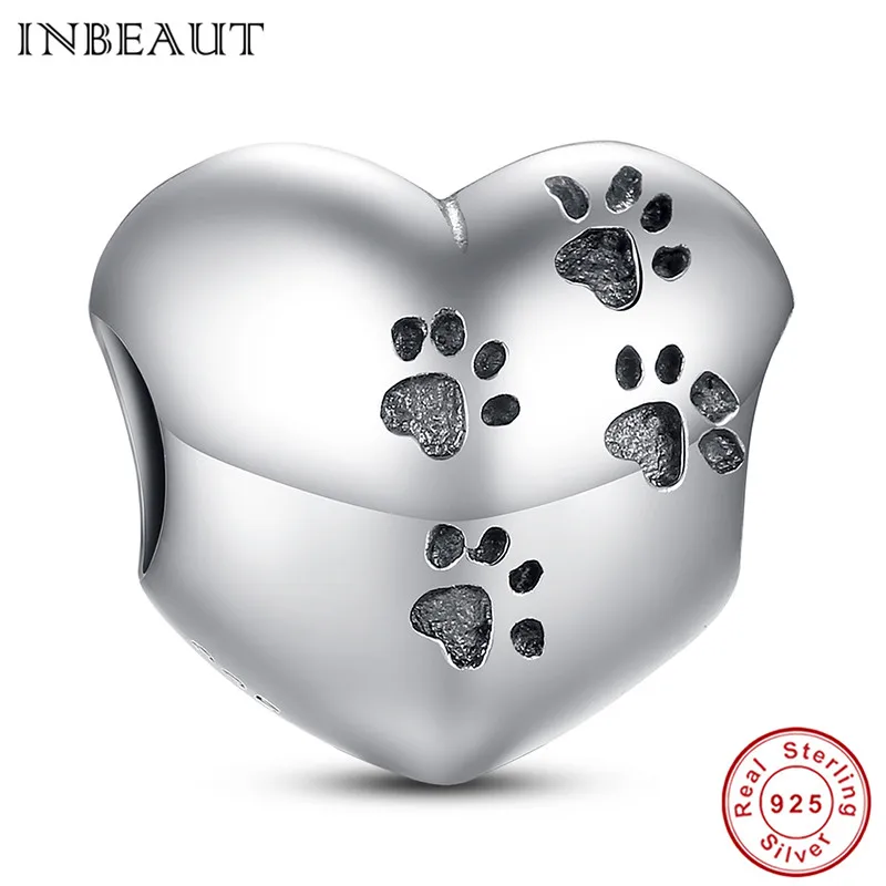 

INBEAUT 925 Sterling Silver Puppy Dog Paw Animal Footprints Heart Shape Design Cubic Zirconia Bracelet Charm Women Original Bead
