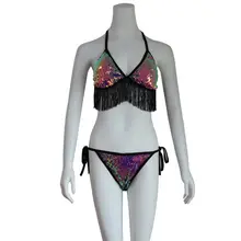 Women Sexy Two Piece Bikini Set Halter Long Tassels Trim Triangle Bra Low Waist Side Tie Thong Glitter Fish Scales Swimsuit