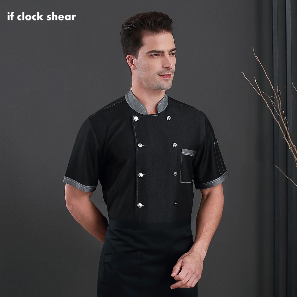 

short sleeves Denim jackets Restaurant uniforms shirts Men and women hotel Kitchen catering coats cooking work clothes men M-4XL