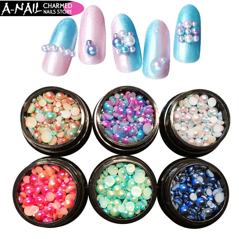 1box Semi-circle Pearl Nail Beads Decoration Gradient Flat Bottom Studs Colorful Mixed Size Manicure 3D Art Decorations | Красота и
