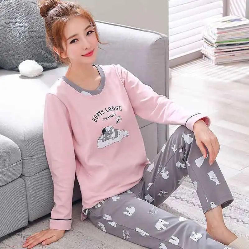 Пижамные комплекты для женщин с круглым вырезом Pijama Mujer пижама с длинным рукавом весенняя Хлопковая пижама Femme Повседневные наборы пижам комплект из двух предметов - Цвет: 011