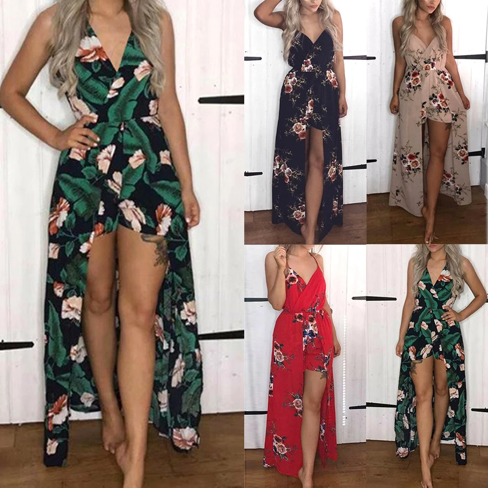 

Sexy Women Spaghetti Strap V Neck Floral Print Jumpsuits 2019 Summer Elegant Ladies Party Backless Loose Rompers Black Red