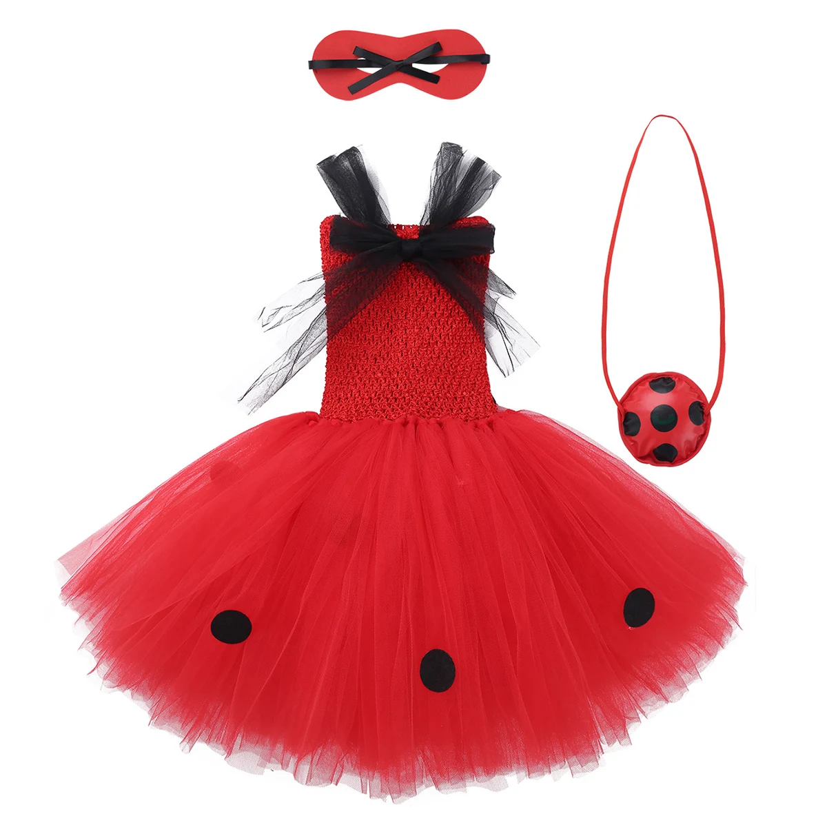 Карнавальное фатиновое платье-пачка с изображением божьей коровки для девочек красное Сетчатое платье в горошек с сумкой в виде маски для глаз, комплект для Хэллоуина, нарядная одежда
