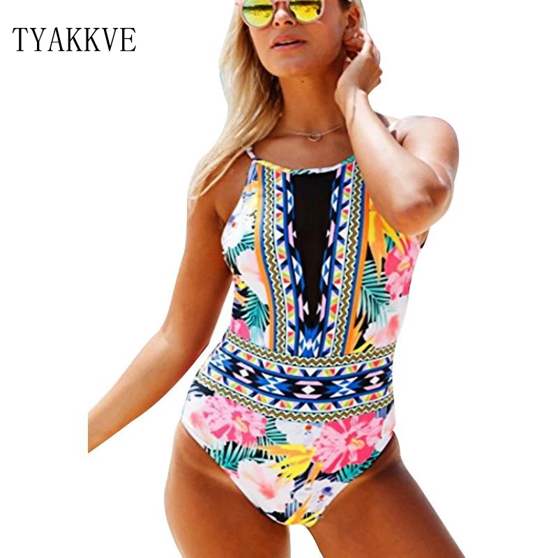 

2019 New One Piece Swimsuit Sexy Floral Printed Swimwear Women Bathing Suit Beach Backless Push Up Monokini Mesh Swimsuit Female