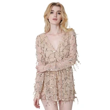 2017 Women Long Sleeve Vintage Dress Apparel Sexy off Shoulder Sequin Tassel Summer Beach Party Mini Club Wear Dress Size Xxl