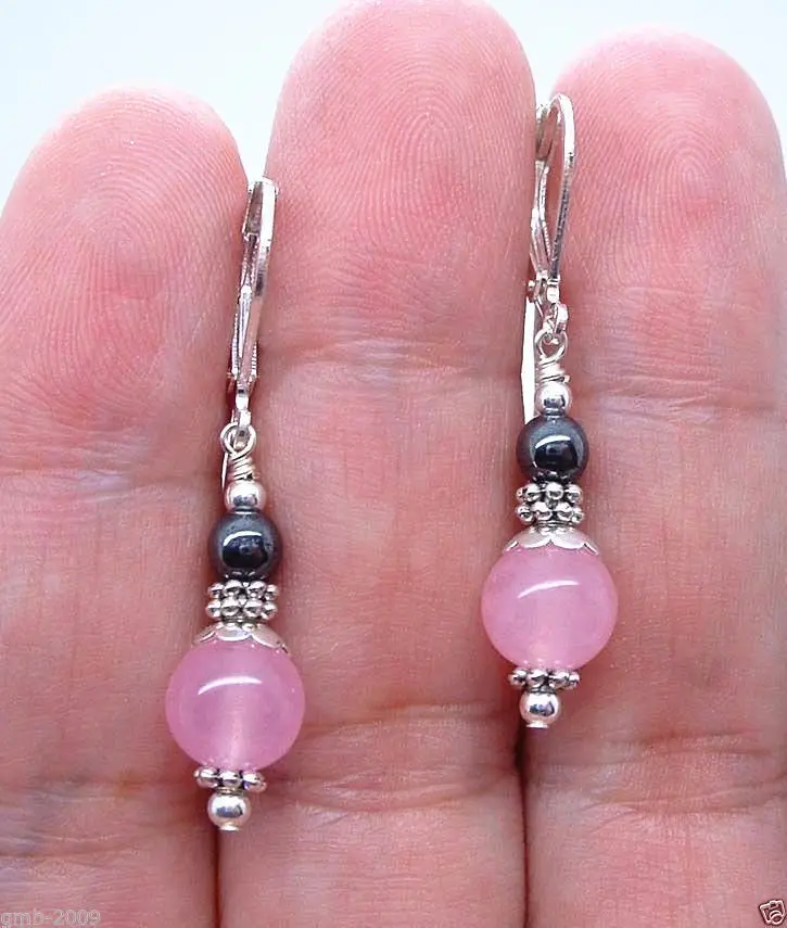

Free shipping Pretty Pink Quartz W. Black Sterling Silver Earrings Leverback
