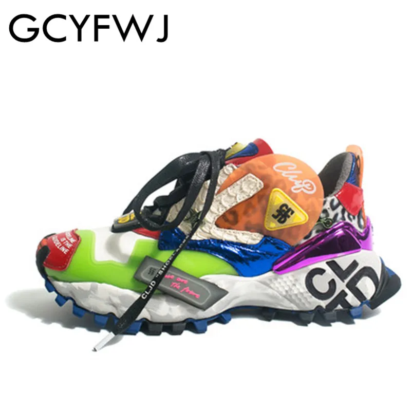 

GCYFWJ Sneakers Graffiti Leopard Print Platform Shoes Woman Street Flats Lace Up Dad Sneakers Genuine Leather Women's Shoes 2019