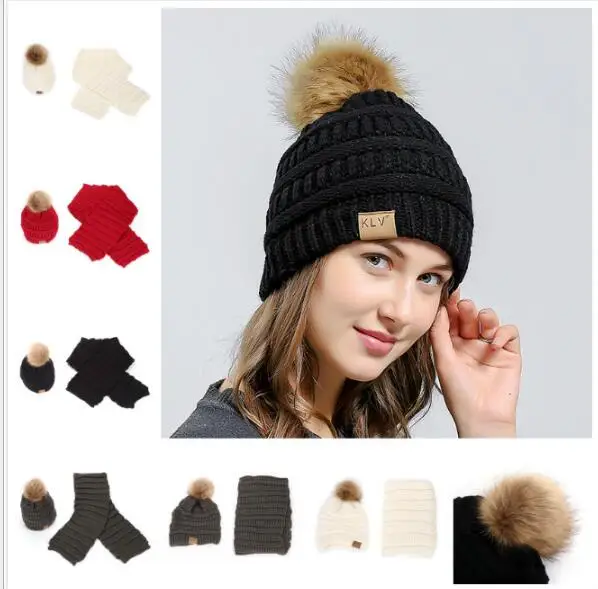 

Winter Girls Knit Cotton Caps Beanie Warm Women Solid Color Hats Pompon Raccoon Fur Skullies Scarf, Hat & Scarf 2 Piece Sets