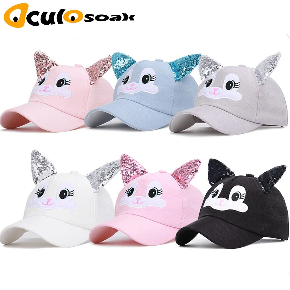 

Sequins Ear Hats Kids Snapback Baseball Cap With Ears Funny Hats Spring Summer Hip Hop girls Boy Hats Caps