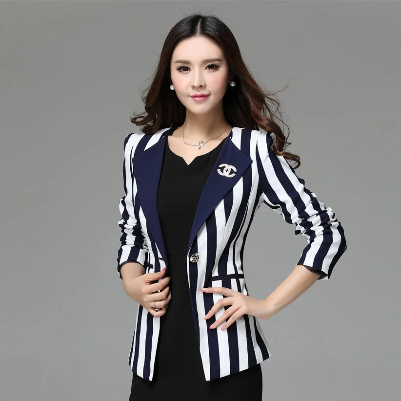 Fashion Womens Black and White Vertical Striped Blazer and Jackets