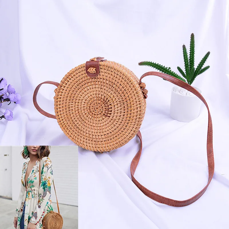

Handmade Woven Beach Cross Body Bag Women Round Straw Bags Summer Rattan Bag Circle Bohemia Handbag Hot Sale