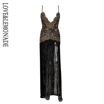 

LOVE & LEMONADE Black Deep V-Neck Open Back Lace Stitching Long Fringe Party Long Dress LM80896BLACK