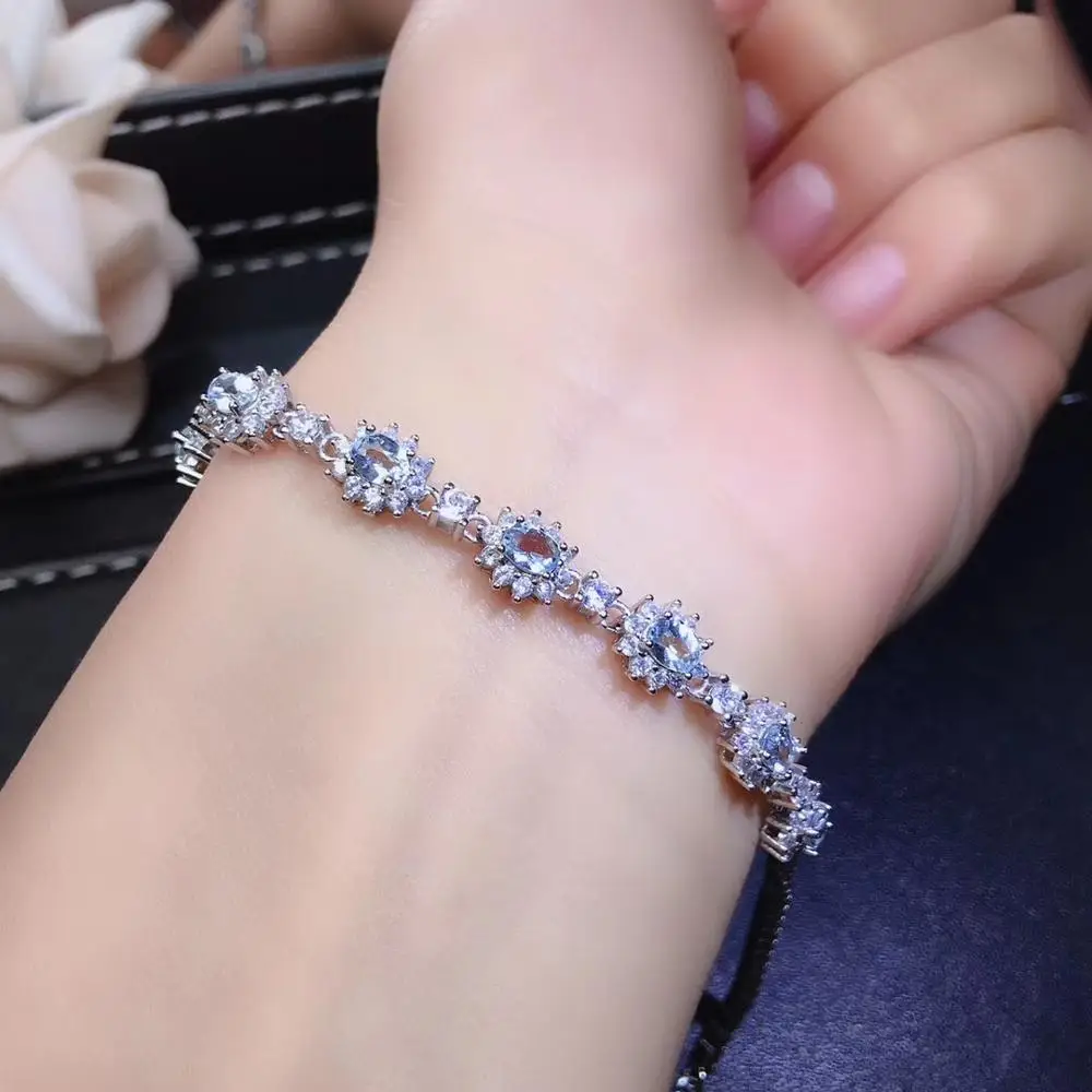 Élégant simple fleur ronde bleu naturel aigue-marine Bracelet naturel pierre gemme Bracelet 925 arg