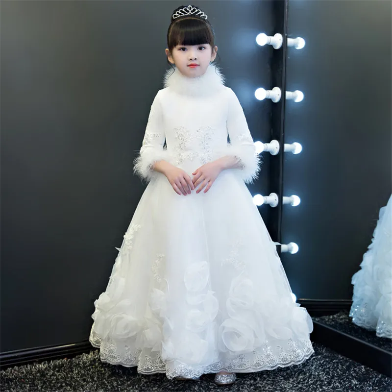 

Autumn Winter New Thick Warm Princess Lace Wedding Birthday Party Long Dresses Performance Clothing Children prom gown Dress