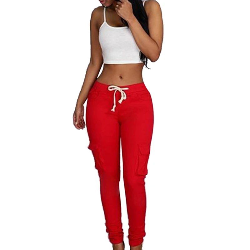 LAAMEI весенние повседневные женские брюки со шнуровкой на талии, одноцветные узкие брюки с несколькими карманами размера плюс, прямые облегающие брюки - Цвет: Red
